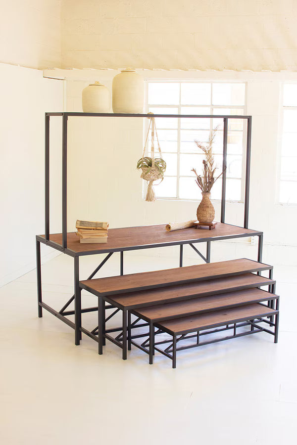 SET OF FOUR METAL AND WOOD DISPLAY RISERS