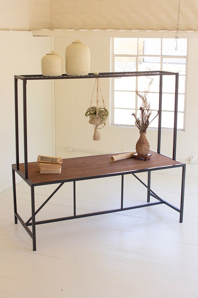 Metal and Wood Store Display Table with Wire Grid Top