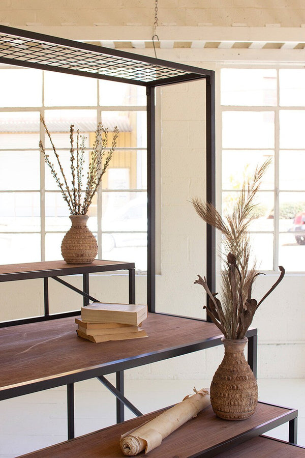 Metal and Wood Store Display Table with Wire Grid Top
