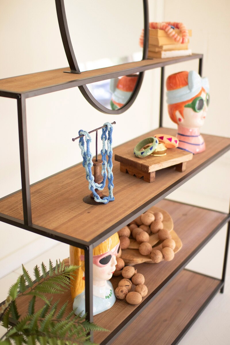 METAL AND WOOD DISPLAY SHELVES WITH MIRROR