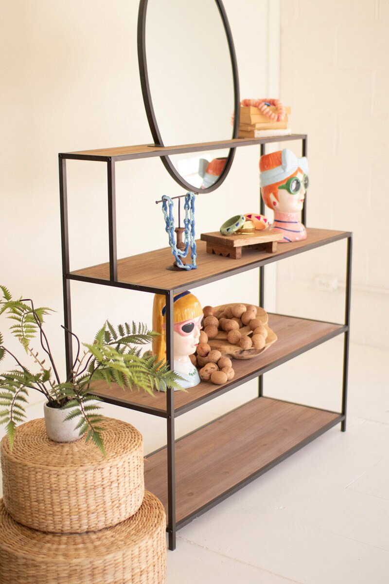 METAL AND WOOD DISPLAY SHELVES WITH MIRROR