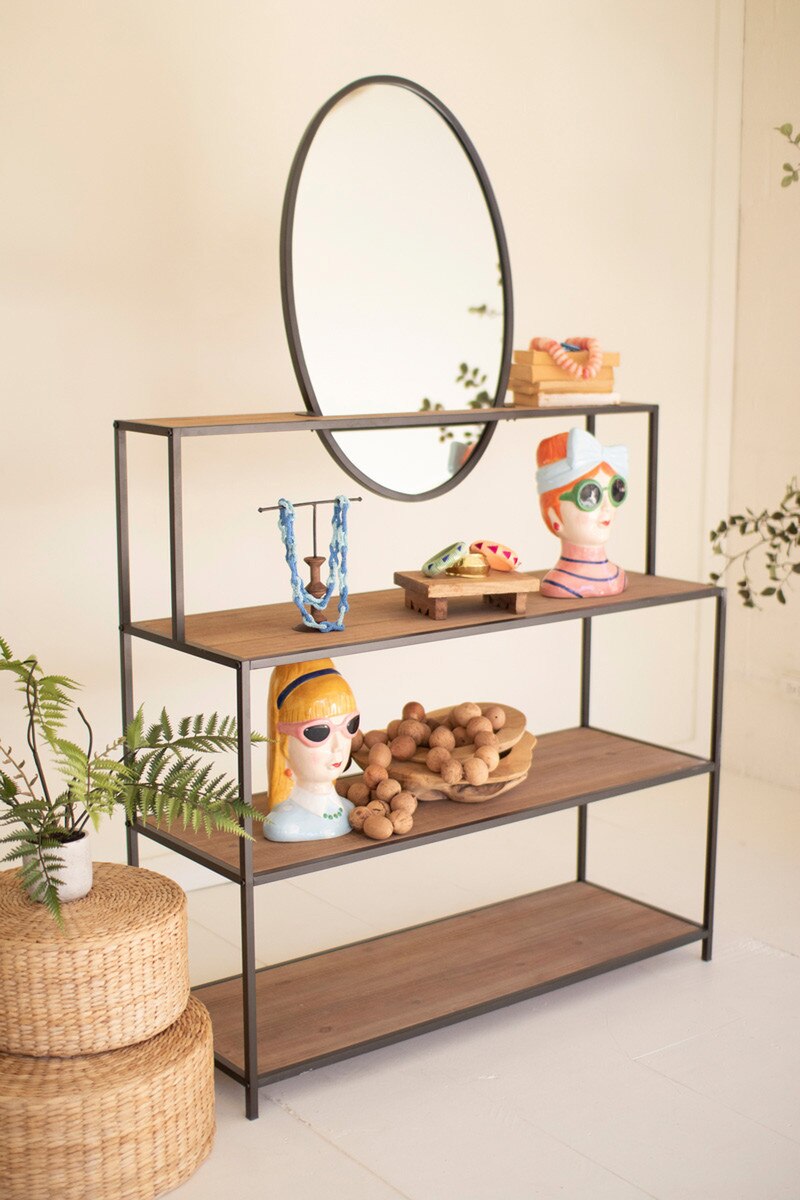 METAL AND WOOD DISPLAY SHELVES WITH MIRROR