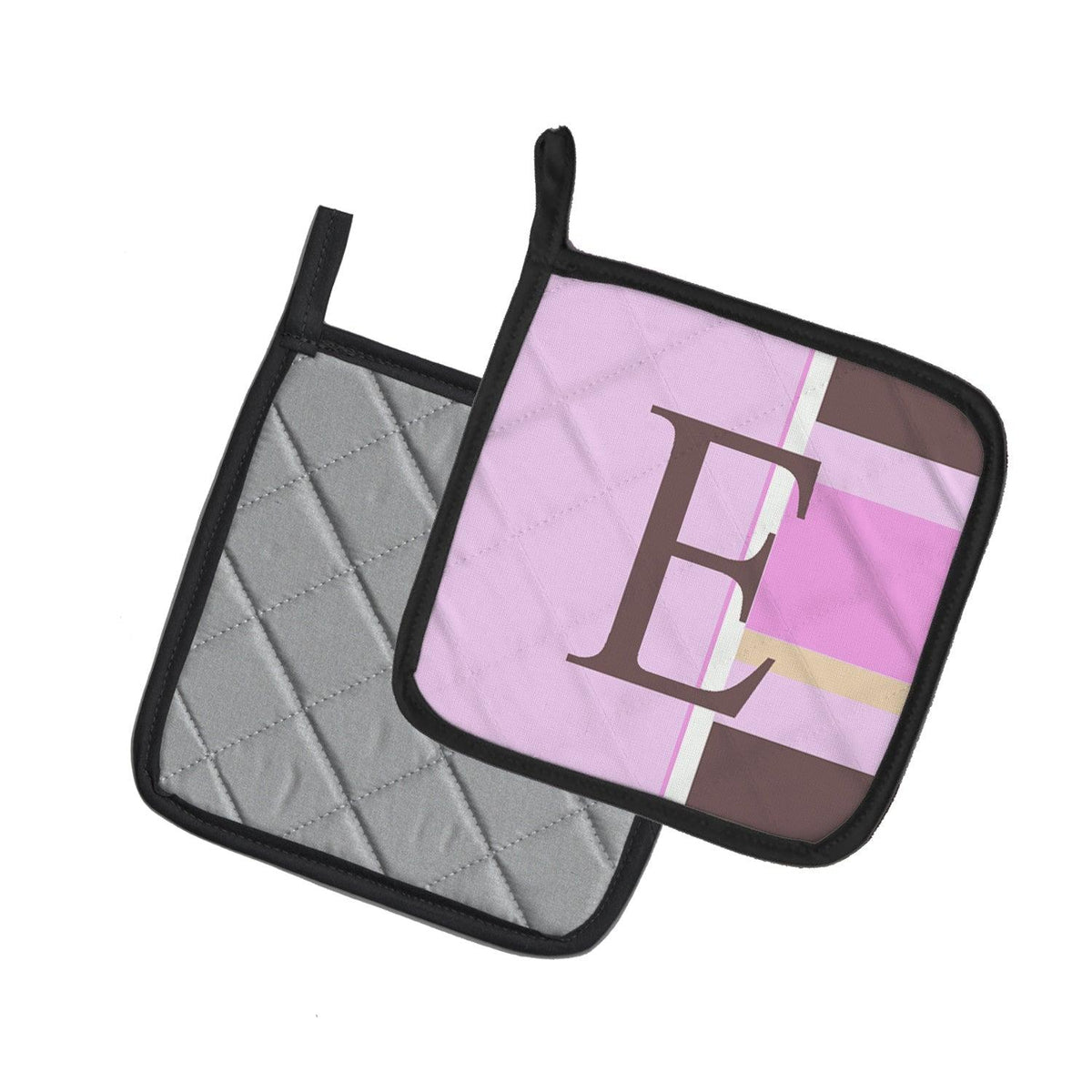 Letter E Initial Monogram - Pink Stripes Pot Holder Set of 2 Heat Resistant Quilted Hot Pads 7.5 x 7.5 Inch, Insulated Kitchen Trivets for Cooking & Baking