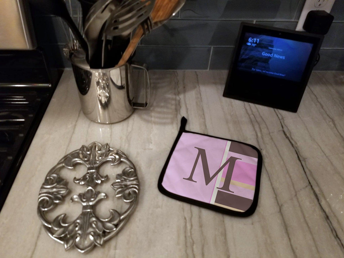 Letter M Initial Monogram - Pink Stripes Pot Holder Set of 2 Heat Resistant Quilted Hot Pads 7.5 x 7.5 Inch, Insulated Kitchen Trivets for Cooking & Baking