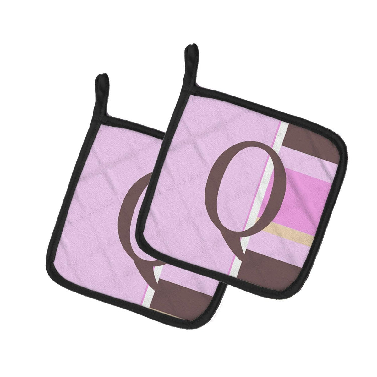 Letter Q Initial Monogram - Pink Stripes Pot Holder Set of 2 Heat Resistant Quilted Hot Pads 7.5 x 7.5 Inch, Insulated Kitchen Trivets for Cooking & Baking