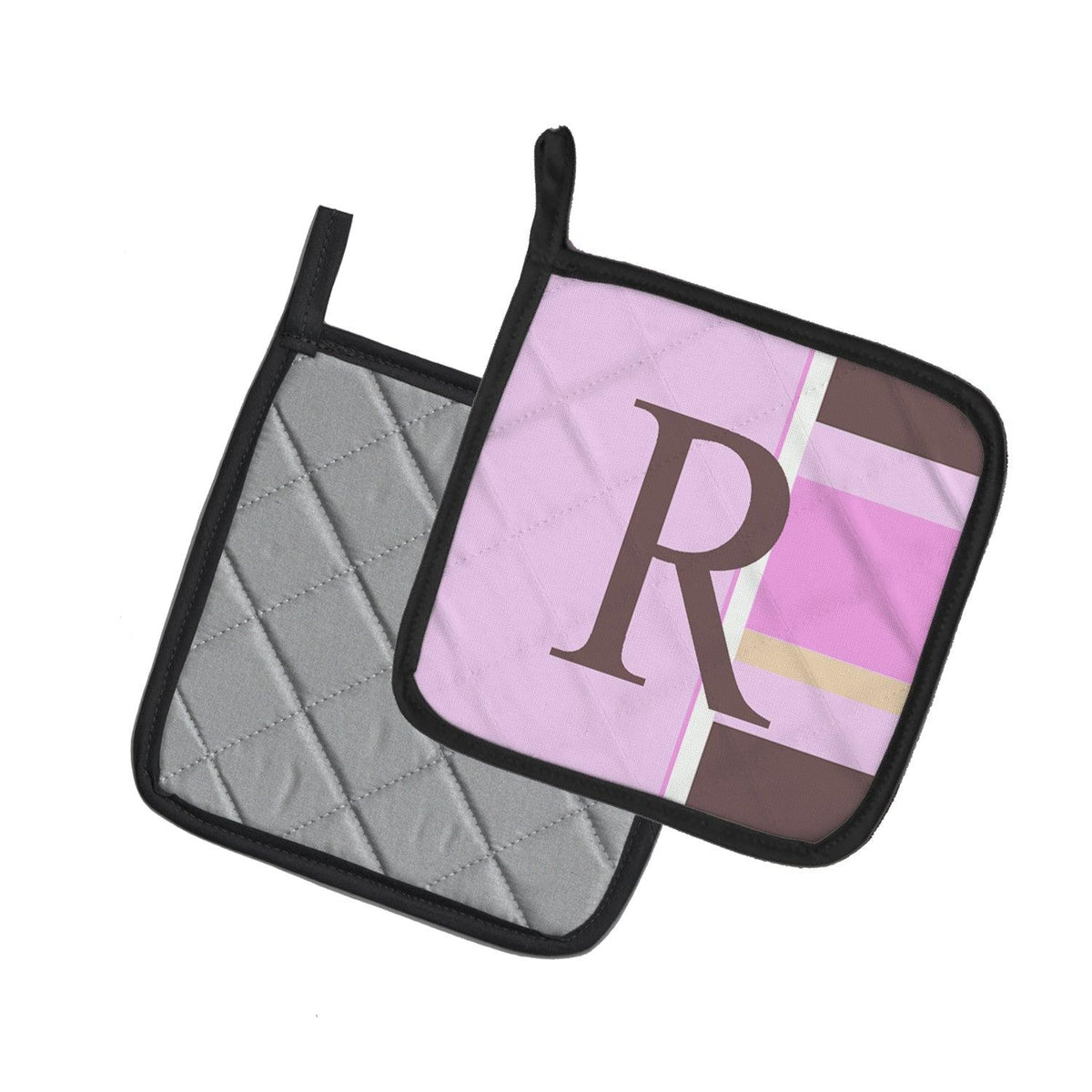 Letter R Initial Monogram - Pink Stripes Pot Holder Set of 2 Heat Resistant Quilted Hot Pads 7.5 x 7.5 Inch, Insulated Kitchen Trivets for Cooking & Baking