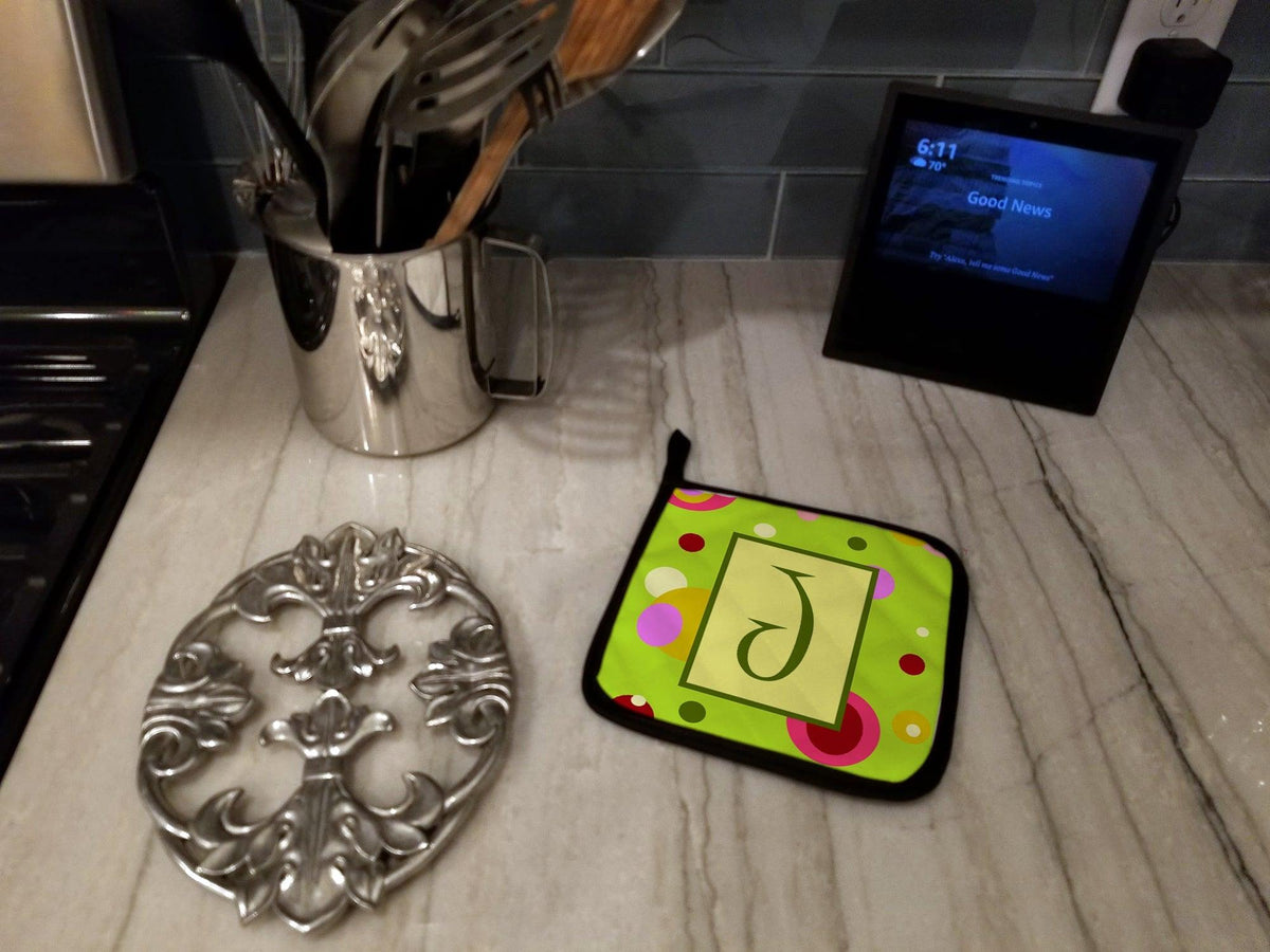 Letter J Monogram - Lime Green Pot Holder Set of 2 Heat Resistant Quilted Hot Pads 7.5 x 7.5 Inch, Insulated Kitchen Trivets for Cooking & Baking