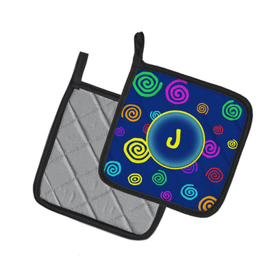Letter J Initial Monogram - Blue Swirls Pot Holder Set of 2 Heat Resistant Quilted Hot Pads 7.5 x 7.5 Inch, Insulated Kitchen Trivets for Cooking & Baking