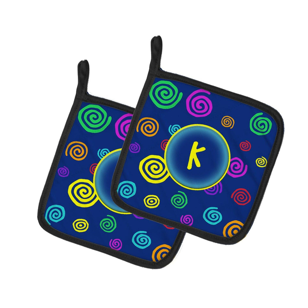 Letter K Initial Monogram - Blue Swirls Pot Holder Set of 2 Heat Resistant Quilted Hot Pads 7.5 x 7.5 Inch, Insulated Kitchen Trivets for Cooking & Baking