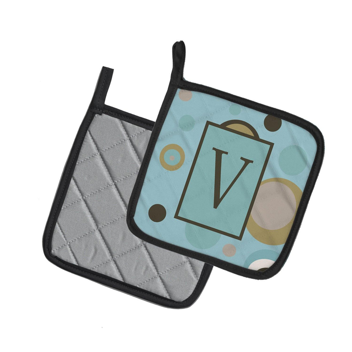 Letter V Initial Monogram - Blue Dots Pot Holder Set of 2 Heat Resistant Quilted Hot Pads 7.5 x 7.5 Inch, Insulated Kitchen Trivets for Cooking & Baking