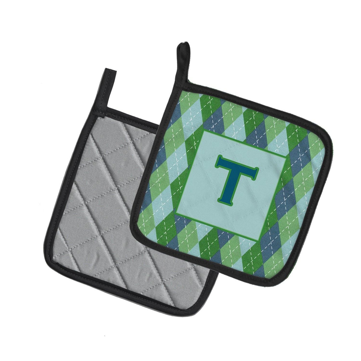 Letter T Initial Monogram - Blue Argoyle Pot Holder Set of 2 Heat Resistant Quilted Hot Pads 7.5 x 7.5 Inch, Insulated Kitchen Trivets for Cooking & Baking