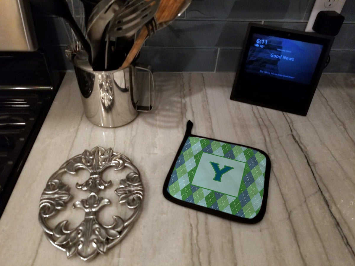 Letter Y Initial Monogram - Blue Argoyle Pot Holder Set of 2 Heat Resistant Quilted Hot Pads 7.5 x 7.5 Inch, Insulated Kitchen Trivets for Cooking & Baking