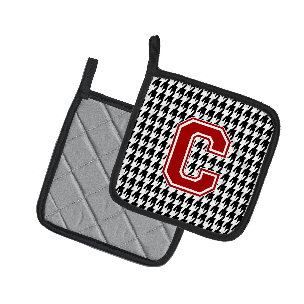 Letter C Monogram - Houndstooth Black Pot Holder Set of 2 Heat Resistant Quilted Hot Pads 7.5 x 7.5 Inch, Insulated Kitchen Trivets for Cooking & Baking
