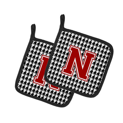 Letter N Monogram - Houndstooth Black Pot Holder Set of 2 Heat Resistant Quilted Hot Pads 7.5 x 7.5 Inch, Insulated Kitchen Trivets for Cooking & Baking