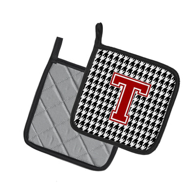 Letter T Monogram - Houndstooth Black Pot Holder Set of 2 Heat Resistant Quilted Hot Pads 7.5 x 7.5 Inch, Insulated Kitchen Trivets for Cooking & Baking