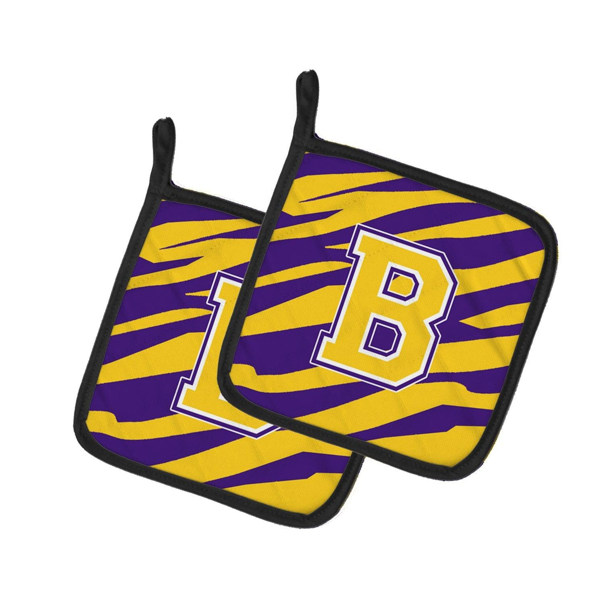 Letter B Monogram - Tiger Stripe - Purple Gold Pot Holder Set of 2 Heat Resistant Quilted Hot Pads 7.5 x 7.5 Inch, Insulated Kitchen Trivets for Cooking & Baking