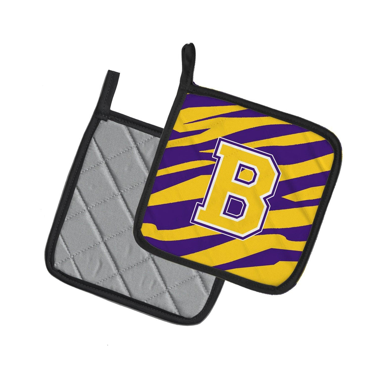 Letter B Monogram - Tiger Stripe - Purple Gold Pot Holder Set of 2 Heat Resistant Quilted Hot Pads 7.5 x 7.5 Inch, Insulated Kitchen Trivets for Cooking & Baking