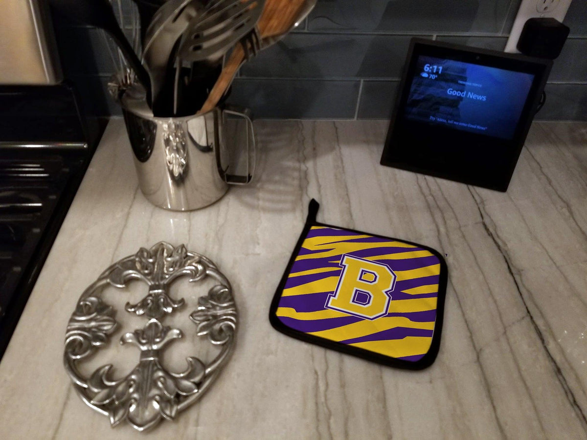 Letter B Monogram - Tiger Stripe - Purple Gold Pot Holder Set of 2 Heat Resistant Quilted Hot Pads 7.5 x 7.5 Inch, Insulated Kitchen Trivets for Cooking & Baking