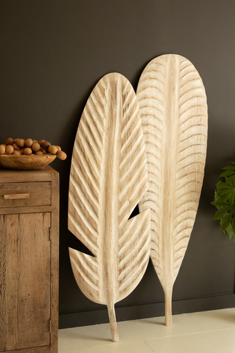 Set of 2 Giant Hand-Carved Paulownia Wood Leaves Wall Art
