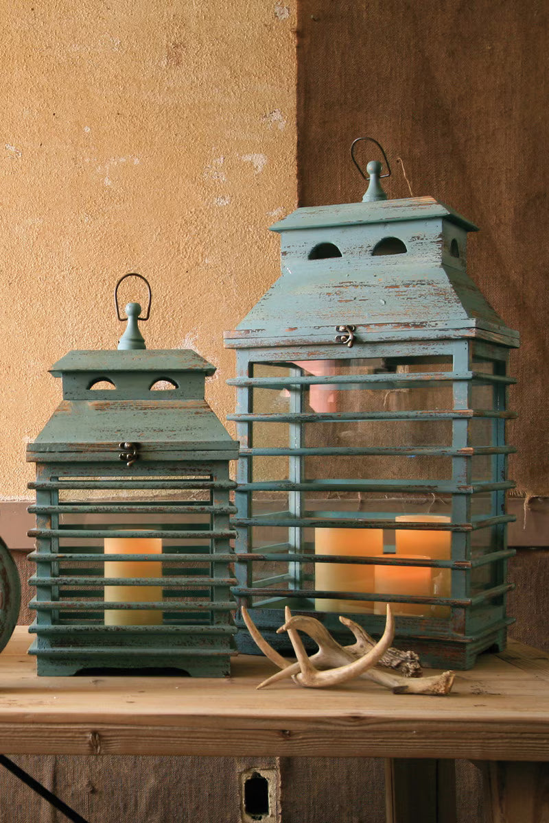 SET OF TWO VINTAGE BLUE SHUTTER LANTERNS