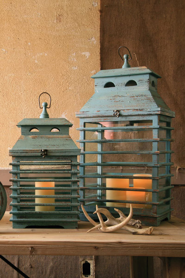 SET OF TWO VINTAGE BLUE SHUTTER LANTERNS