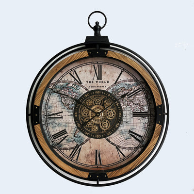 Vintage World Map Industrial Gear Wall Clock