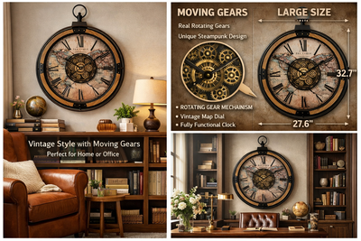 Vintage World Map Industrial Gear Wall Clock