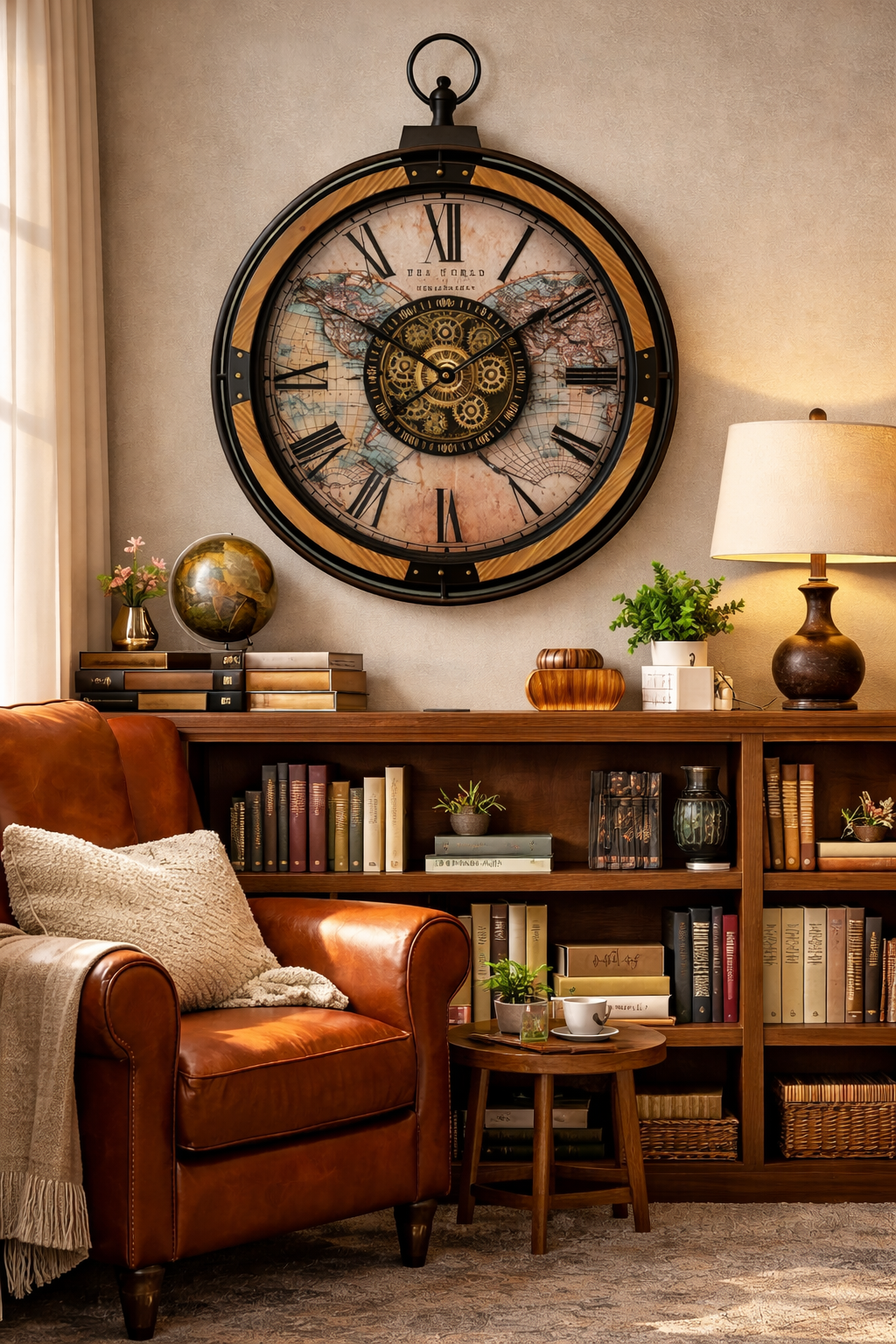 Vintage World Map Industrial Gear Wall Clock
