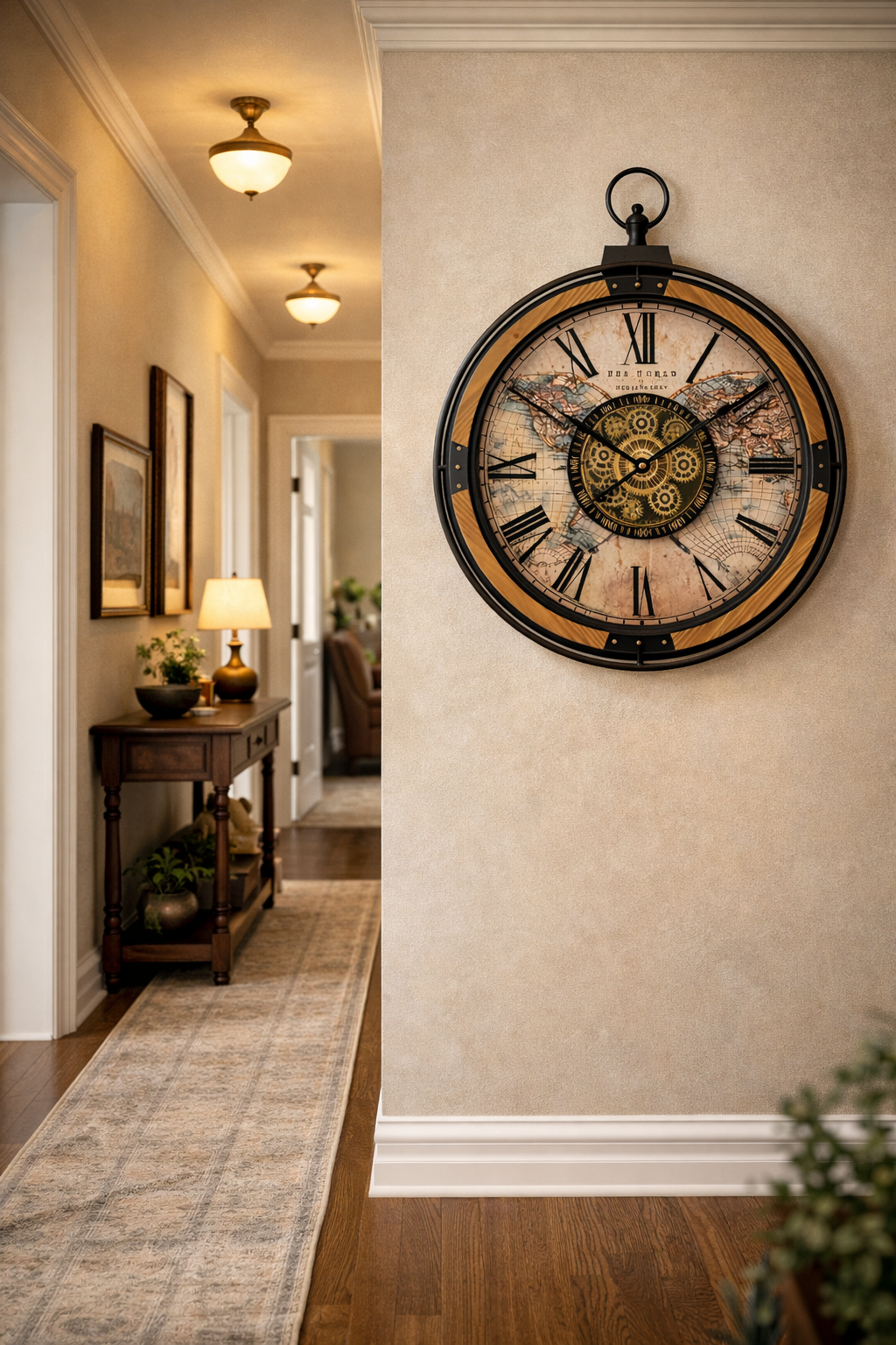 Vintage World Map Industrial Gear Wall Clock