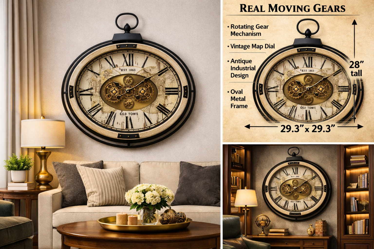 Old Tøwn Vintage Gear Oval Wall Clock