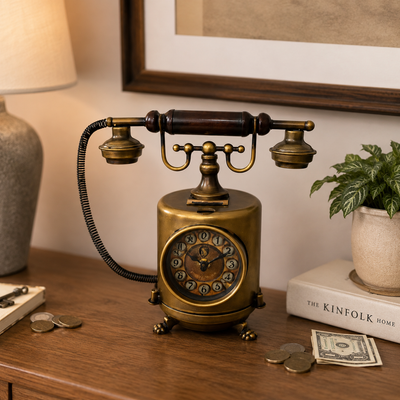 Vintage Telephone Metal Clock Piggy Bank