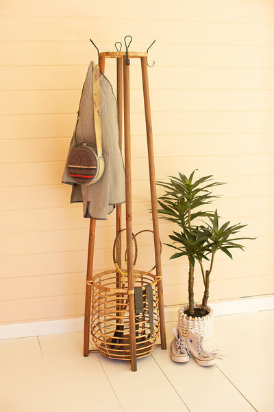 TALL RATTAN COAT RACK WTH UMBRELLA BASKET