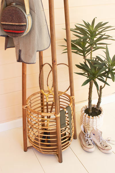 TALL RATTAN COAT RACK WTH UMBRELLA BASKET