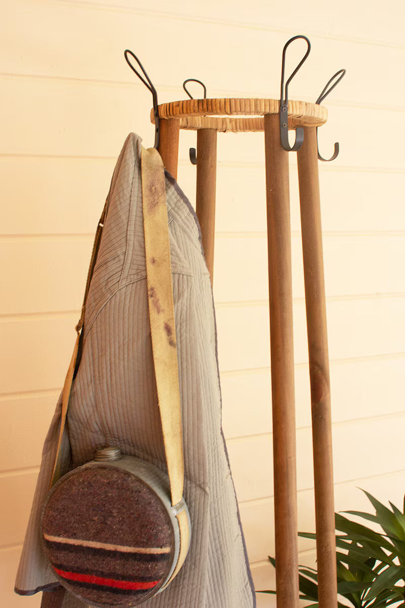 TALL RATTAN COAT RACK WTH UMBRELLA BASKET