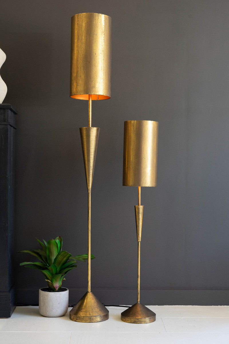 Antique Gold Floor and Table Lamp with Metal Barrel Shades