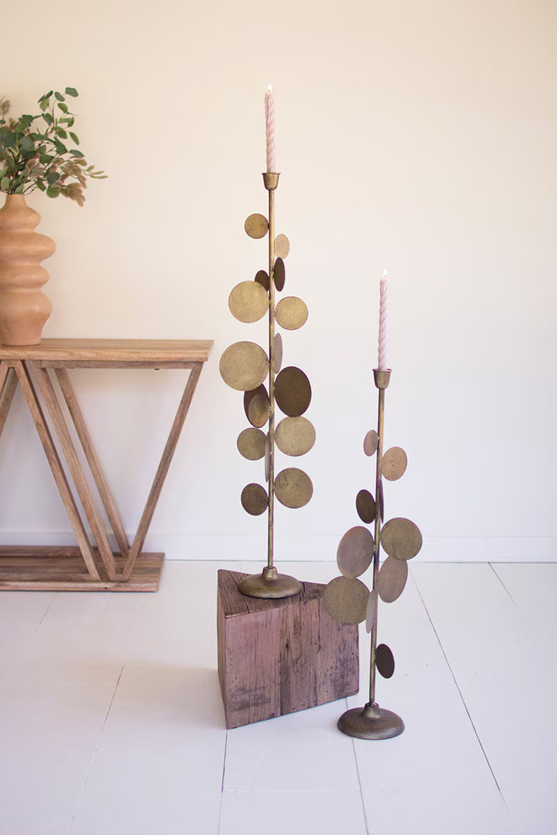 SET OF TWO ANTIQUE BRASS CANDLE HOLDERS WITH ROUND DISCS DETAIL