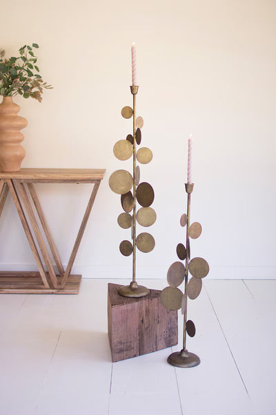 SET OF TWO ANTIQUE BRASS CANDLE HOLDERS WITH ROUND DISCS DETAIL