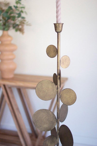 SET OF TWO ANTIQUE BRASS CANDLE HOLDERS WITH ROUND DISCS DETAIL