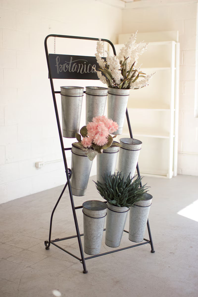 FLOWER RACK WITH NINE GALVANIZED BUCKETS