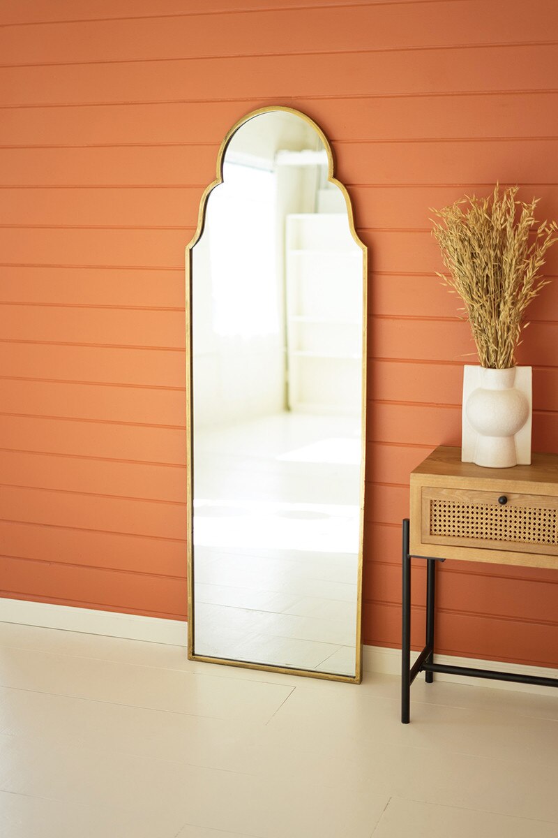 LARGE ARCHED MIRROR WITH BRASS FRAME