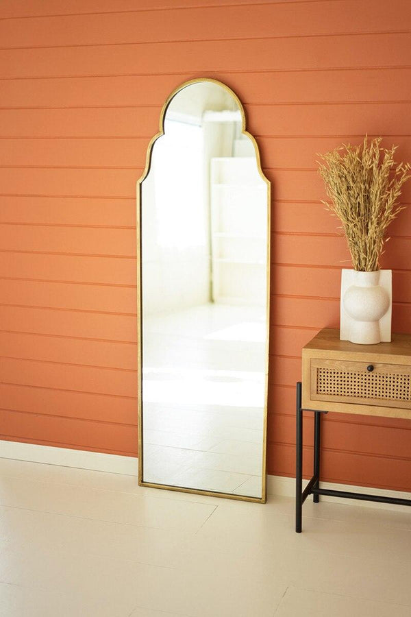 LARGE ARCHED MIRROR WITH BRASS FRAME