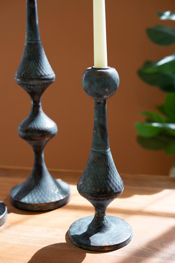 SET OF THREE PATINA METAL CANDLE TOWERS - KALALOU