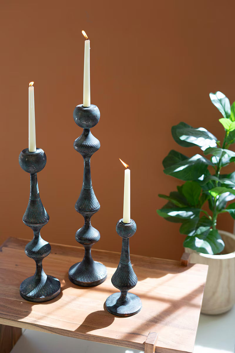 SET OF THREE PATINA METAL CANDLE TOWERS - KALALOU