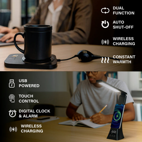 The Modern Workspace Productivity Bundle: Pursonic 3-in-1 LED Desk Lamp + Sip & Charge Wireless & Mug Warmer