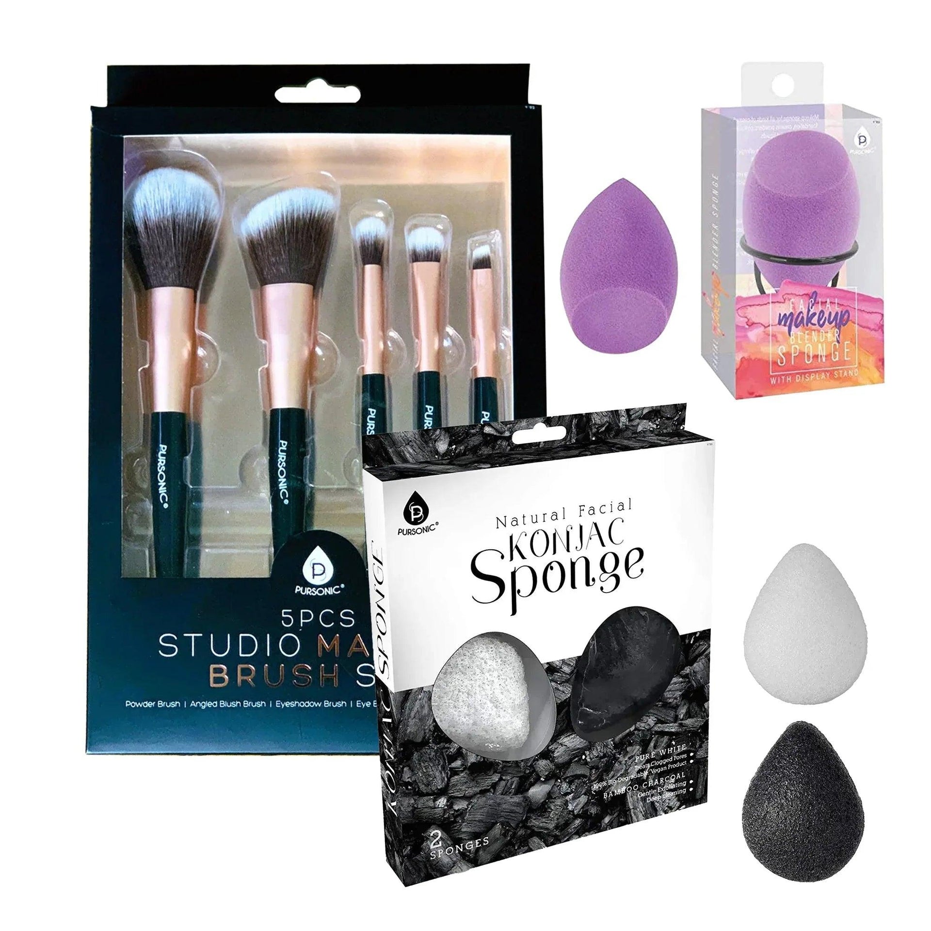 Beauty Essentials Bundle: Facial Makeup Blender Sponge + Natural Facial Konjac Sponge Duo Set(3 pack) + 5 Pcs Studio Makeup Brush Set (Black) - Gifts for You 'n Me