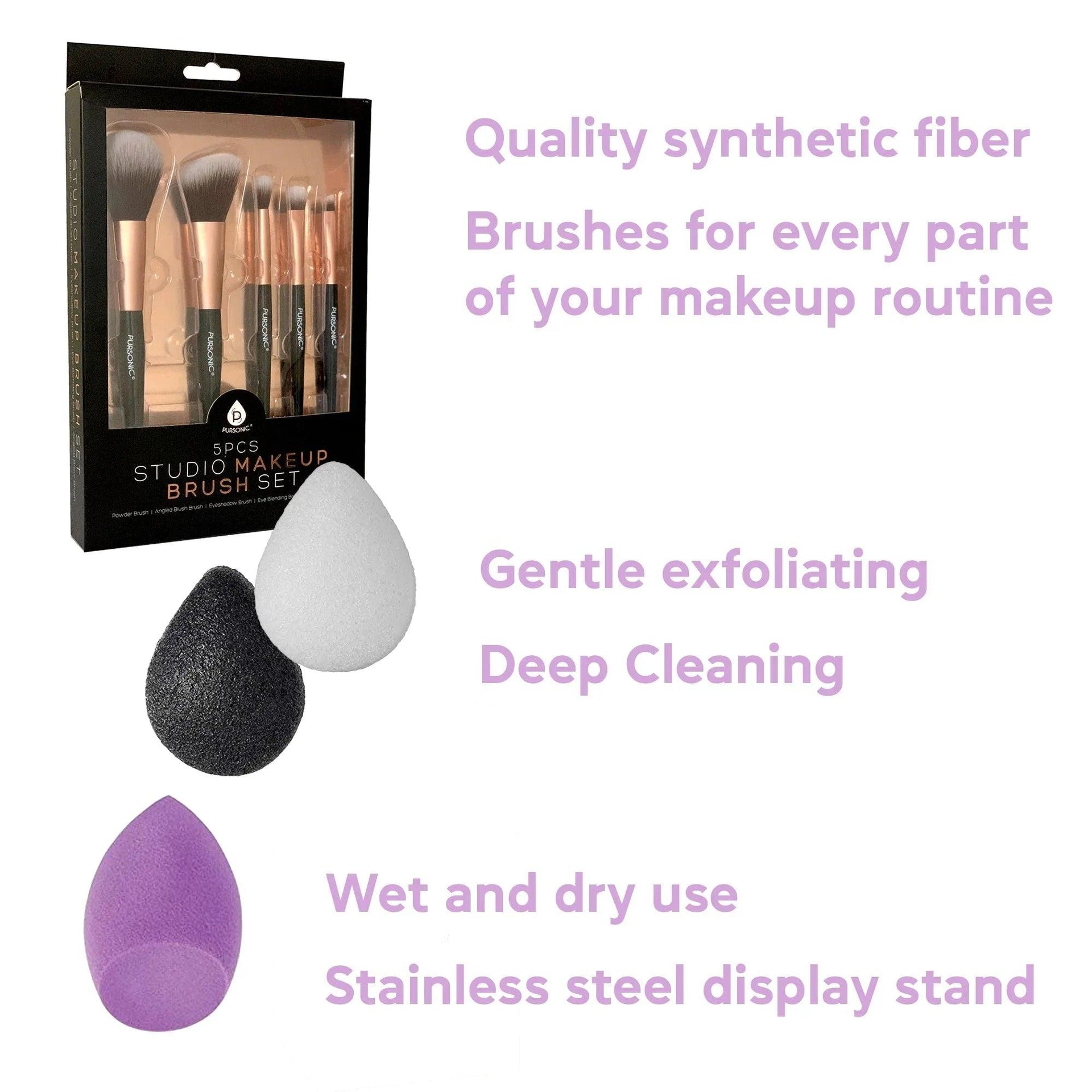 Beauty Essentials Bundle: Facial Makeup Blender Sponge + Natural Facial Konjac Sponge Duo Set(3 pack) + 5 Pcs Studio Makeup Brush Set (Black) - Gifts for You 'n Me