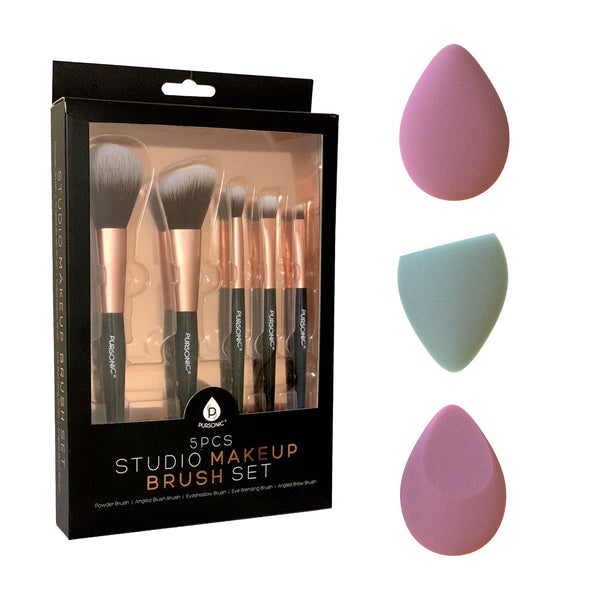 5-Piece Studio Makeup Brush Set & 3-Pack Beauty Makeup Sponge Blenders – Flawless Application Essentials