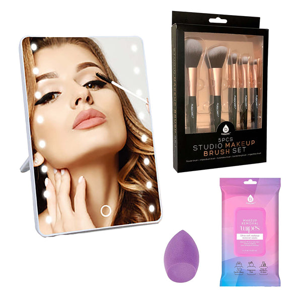 Pursonic Makeup Essentials Set: Brush Set, Wipes, Blender Sponge & Smart Vanity Mirror