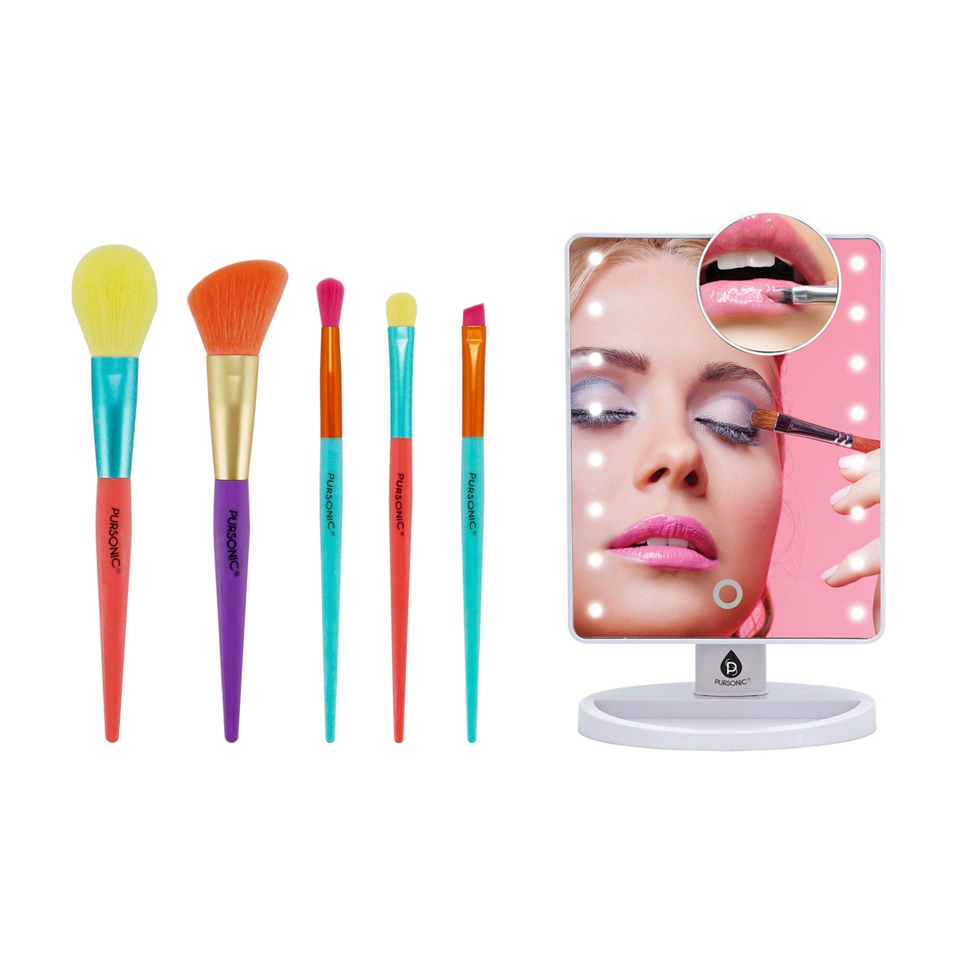 Pursonic Makeup Essentials Duo – LED Countertop Mirror + 5-Piece Brush Set