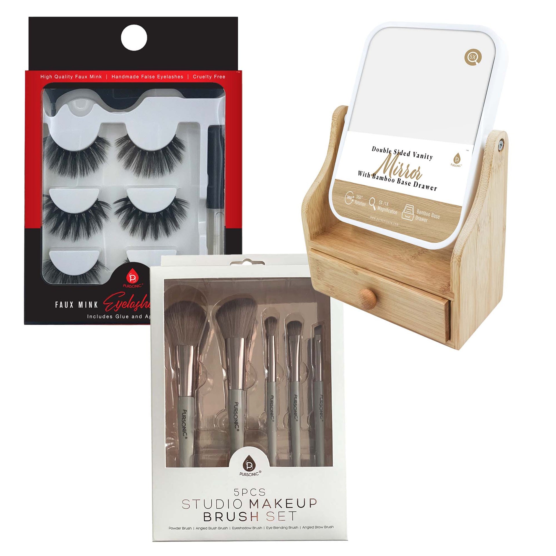 Pursonic Glamour Essentials Bundle: 5pc Studio Makeup Brush Set + False Eyelashes Extensions + Dual-Sided Vanity Mirror